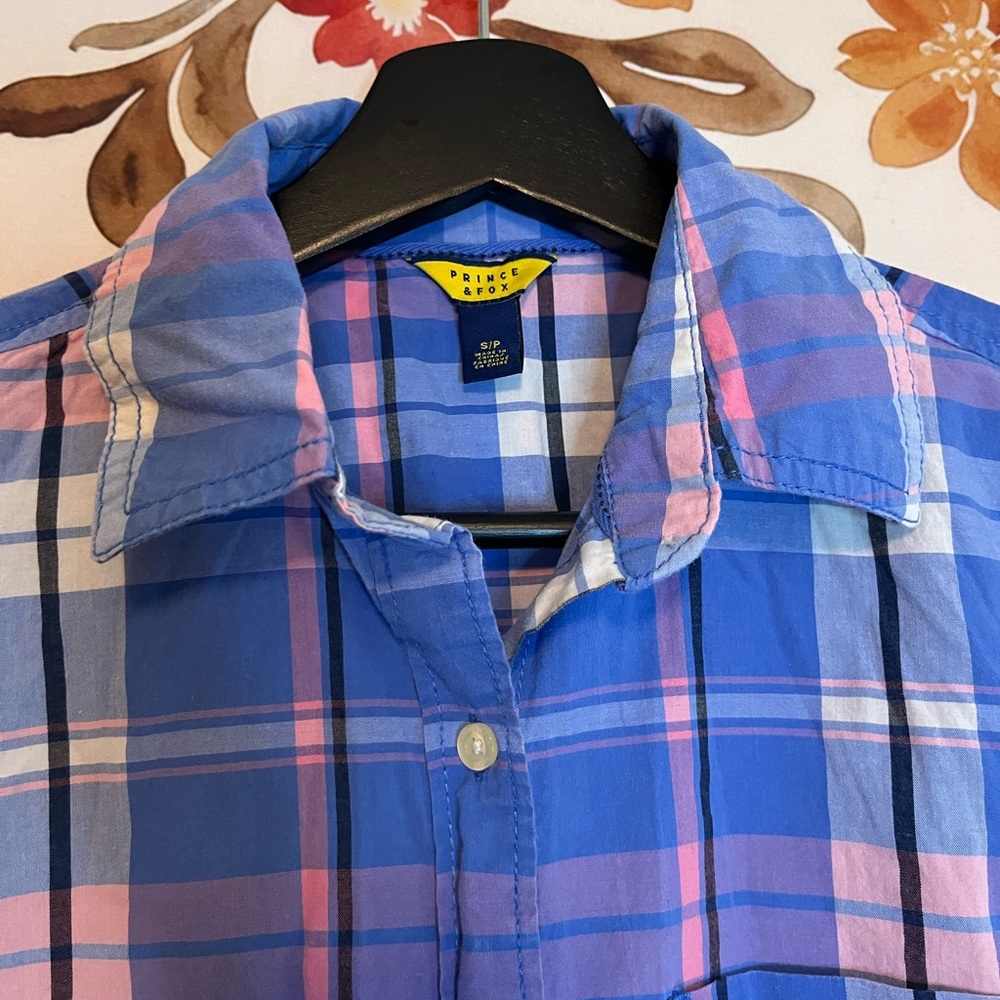 Prince & Fox Womens S Shirt Blue Pink Colorful Easter Spring Plaid Office Casual